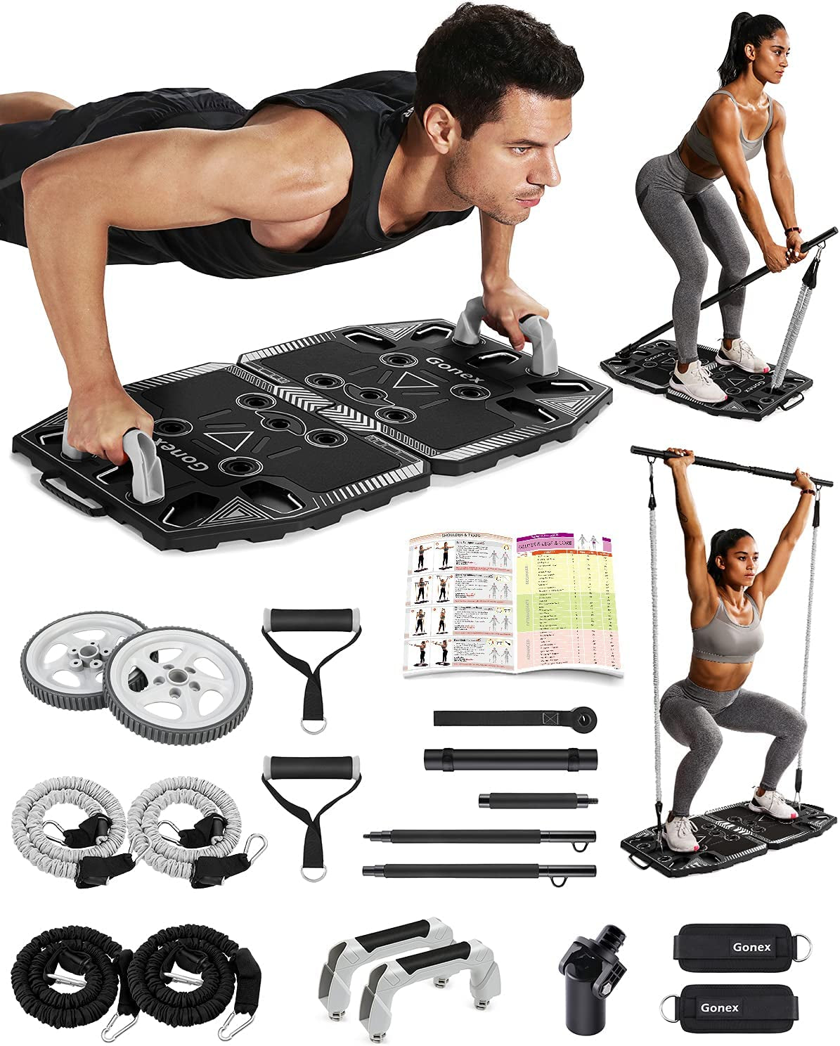 Gonex Portable Home Gym System with 14 Accessories for Comprehensive Full Body Workouts, Including Ab Roller Wheel, Elastic Resistance Bands, Push-Up Stand, and Post Landmine Sleeve