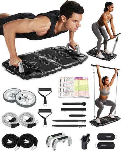 Gonex Portable Home Gym System with 14 Accessories for Comprehensive Full Body Workouts, Including Ab Roller Wheel, Elastic Resistance Bands, Push-Up Stand, and Post Landmine Sleeve